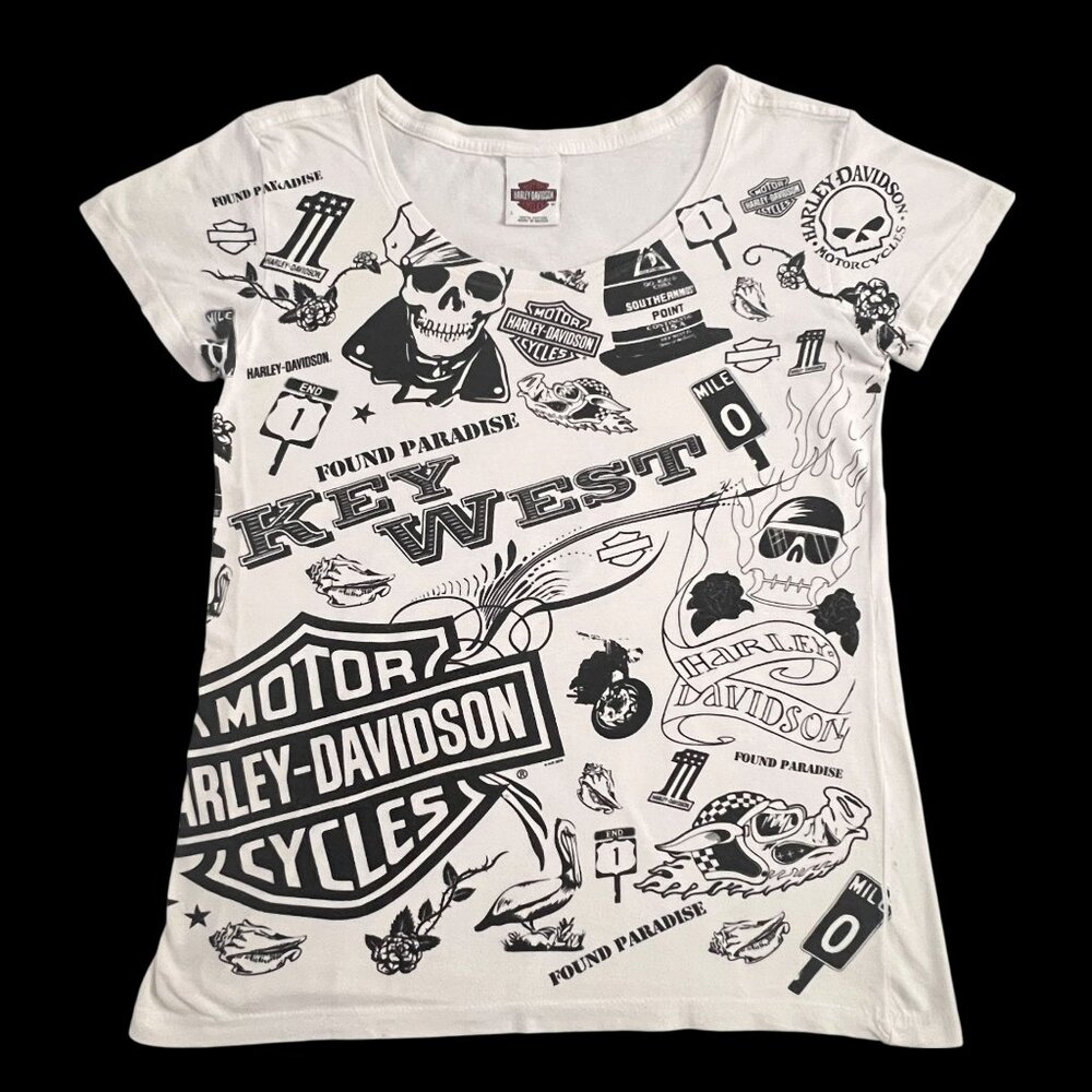 Harley-Davidson Scoop Tee Womens L Key West AOP Skull Dealer Pirate Punk Moto